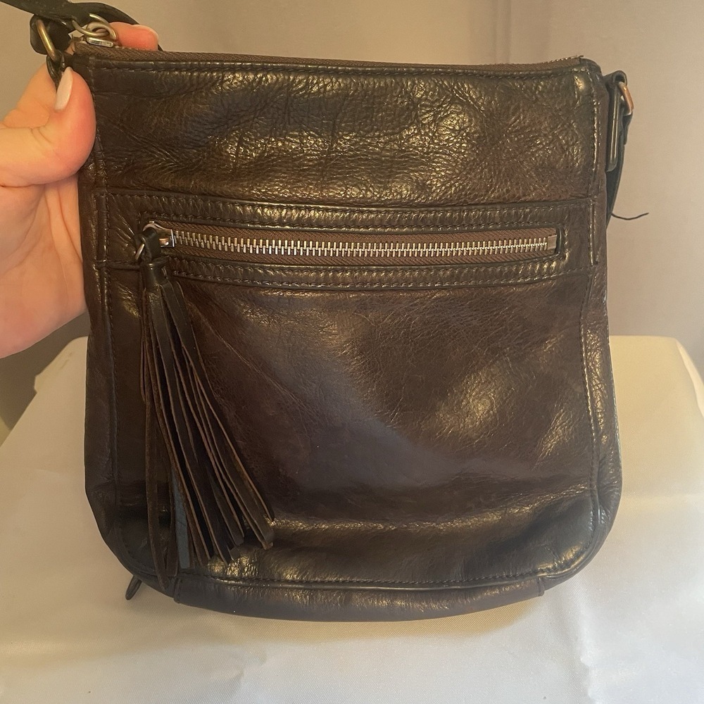 Vintage Margot Crossbody Bag Purse Brown Slim Adjustable Strap Leather Tassel